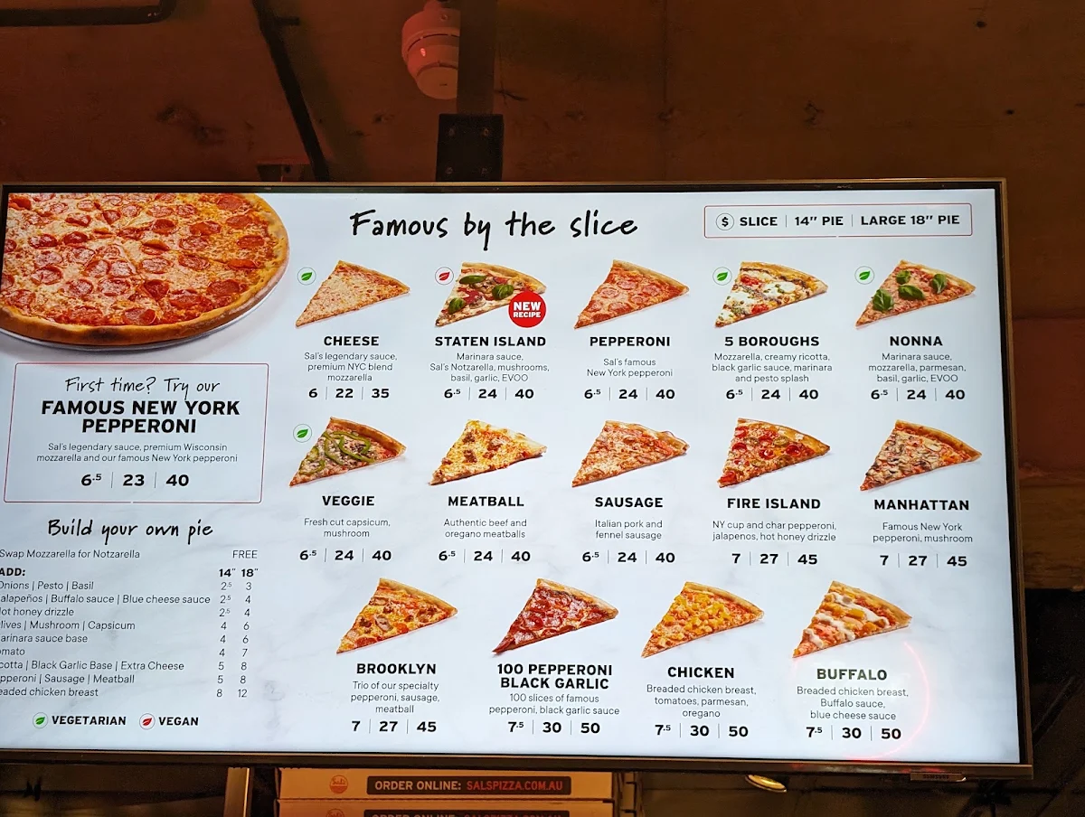 Menu, Sal's Authentic New York Pizza - Darlinghurst