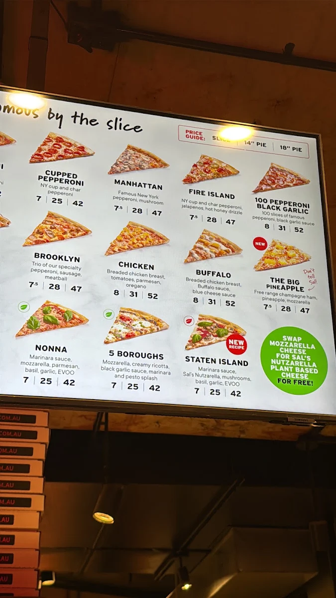 Menu, Sal's Authentic New York Pizza - Darlinghurst