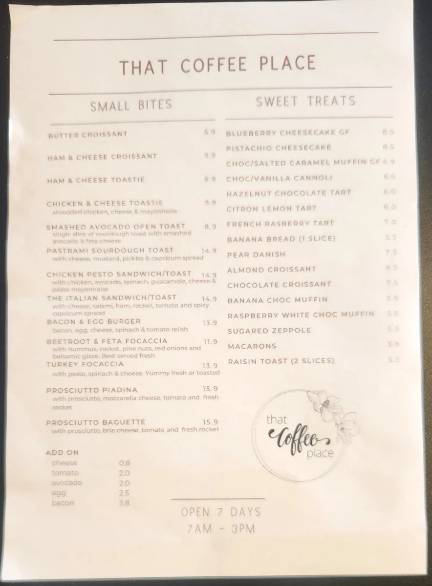 Menu, That Coffee Place