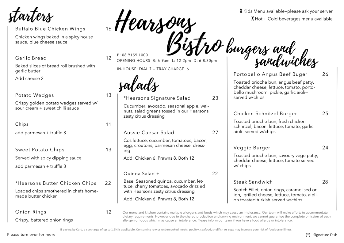 Menu, Hearson's Bistro