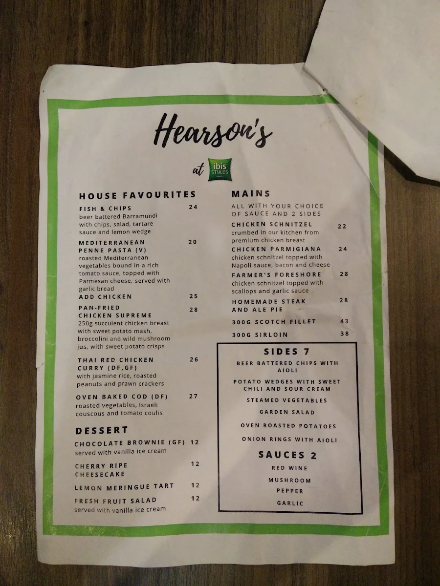 Menu, Hearson's Bistro