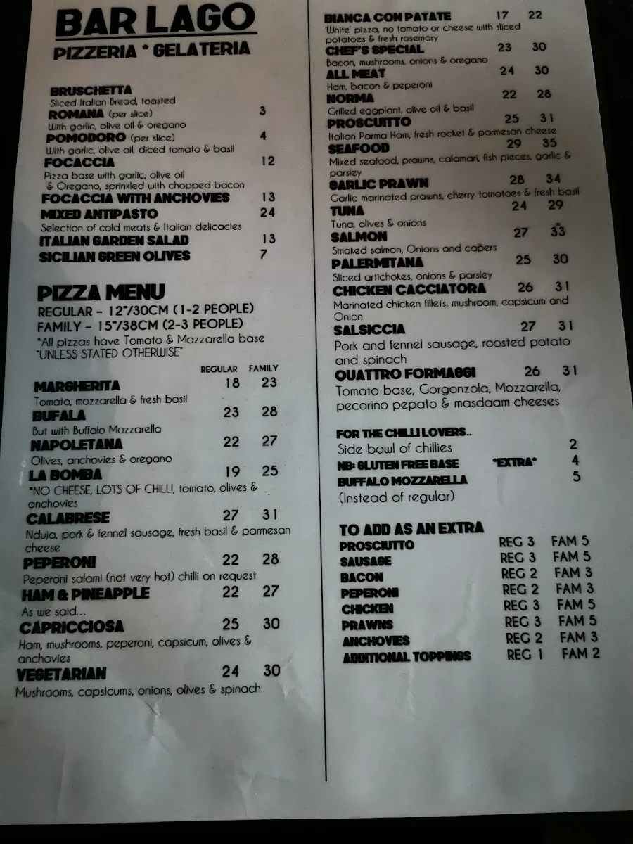 Menu, Bar Lago Pizzeria Gelateria