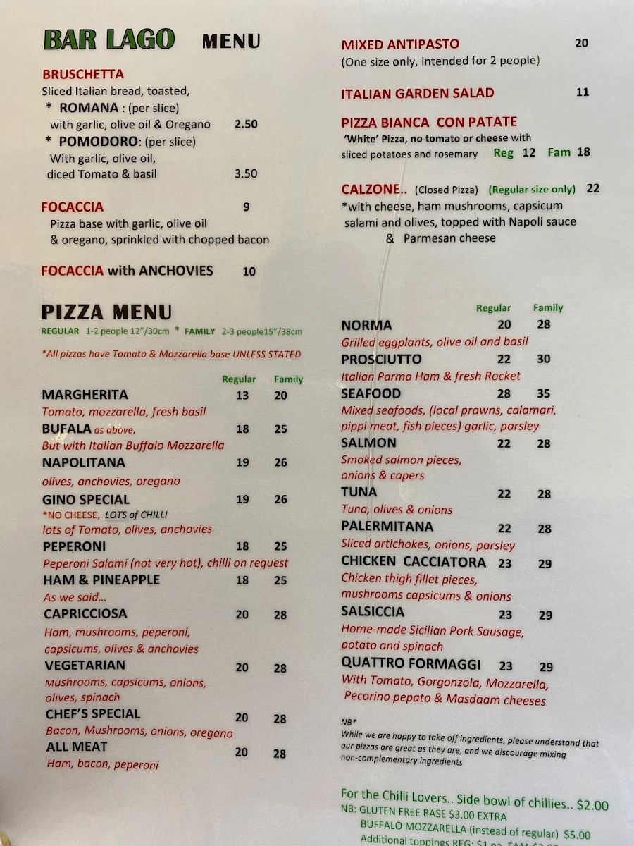 Menu, Bar Lago Pizzeria Gelateria