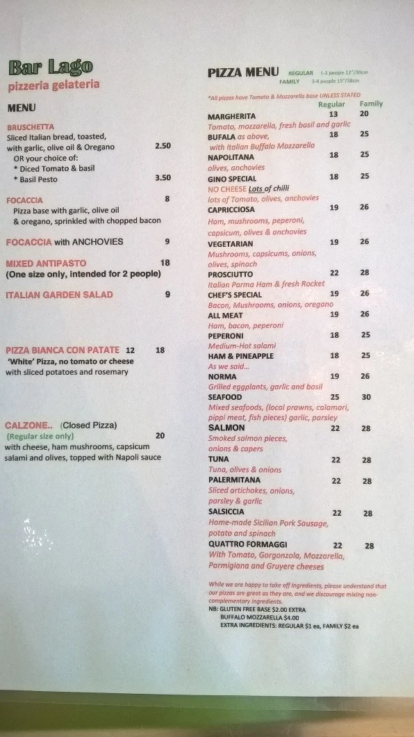Menu, Bar Lago Pizzeria Gelateria