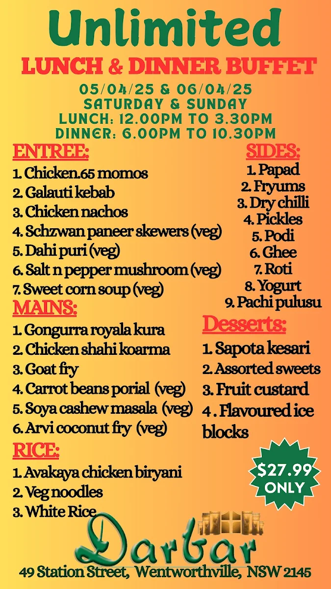 Menu, Darbar Indian Wentworthville