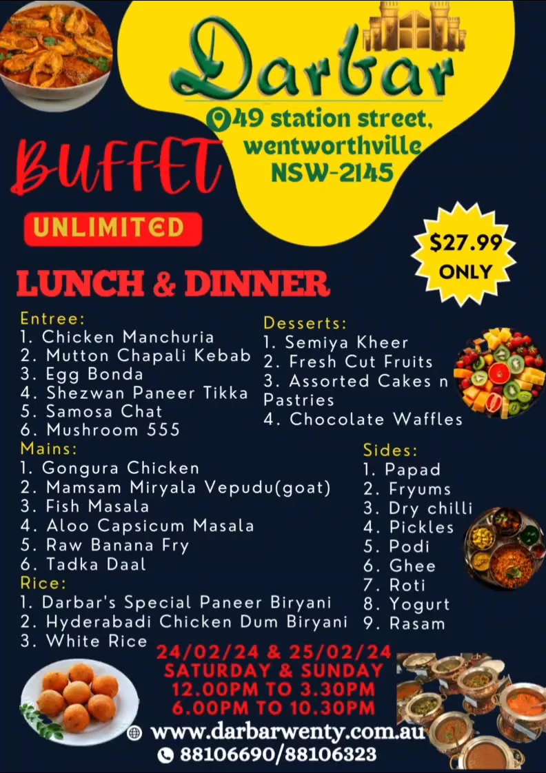 Menu, Darbar Indian Wentworthville