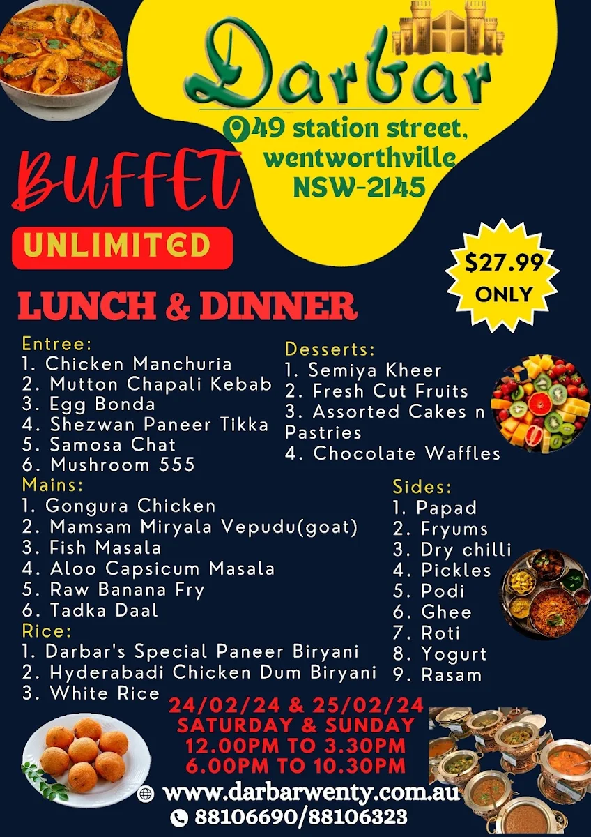 Menu, Darbar Indian Wentworthville