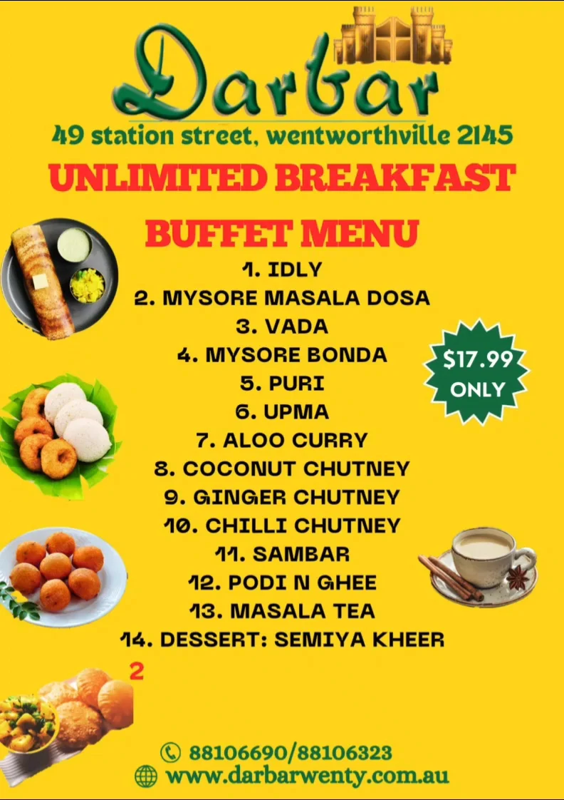 Menu, Darbar Indian Wentworthville