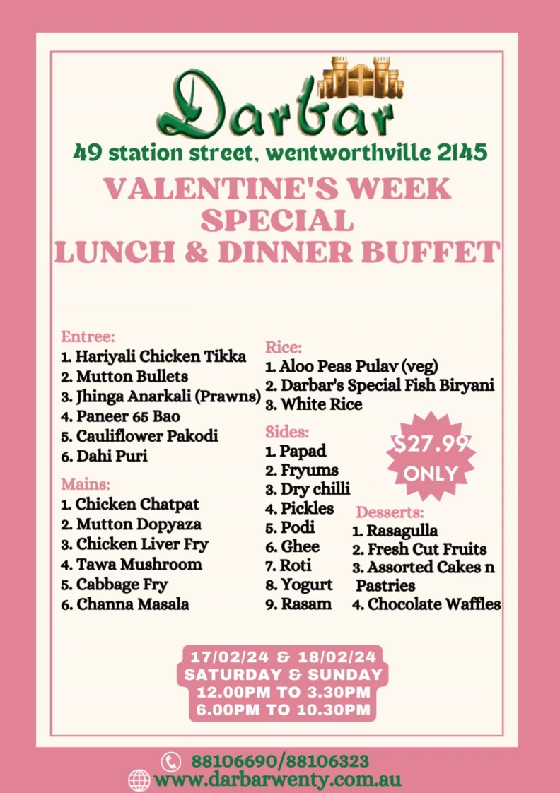 Menu, Darbar Indian Wentworthville