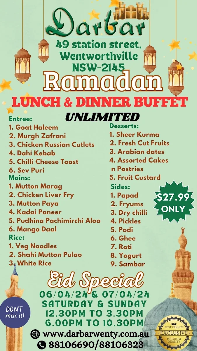 Menu, Darbar Indian Wentworthville