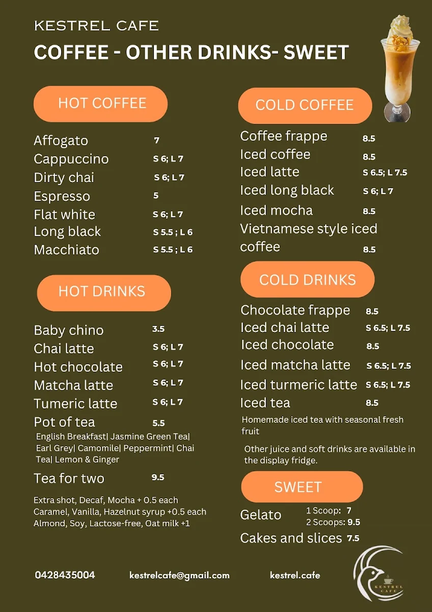 Menu, Kestrel Cafe