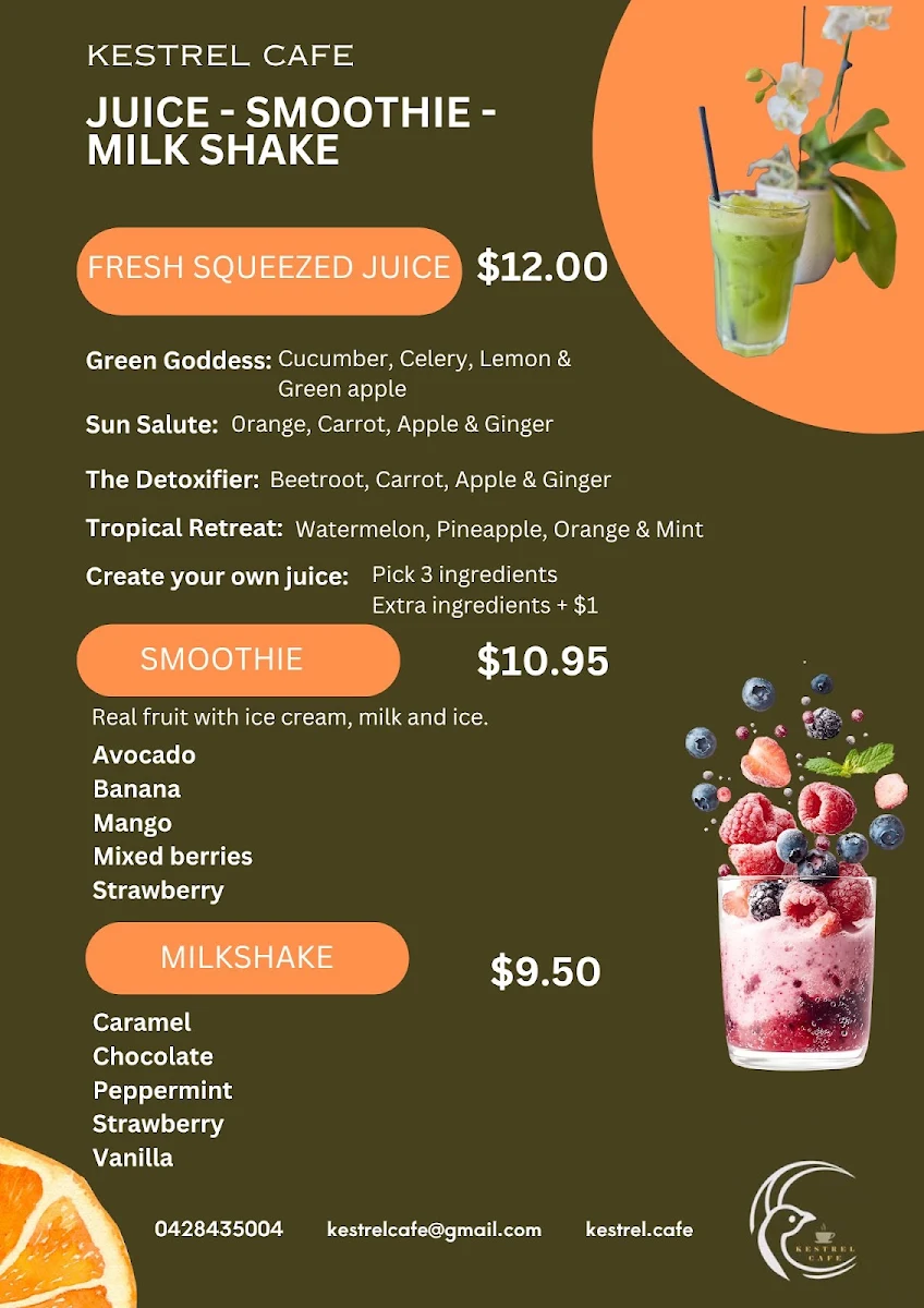 Menu, Kestrel Cafe