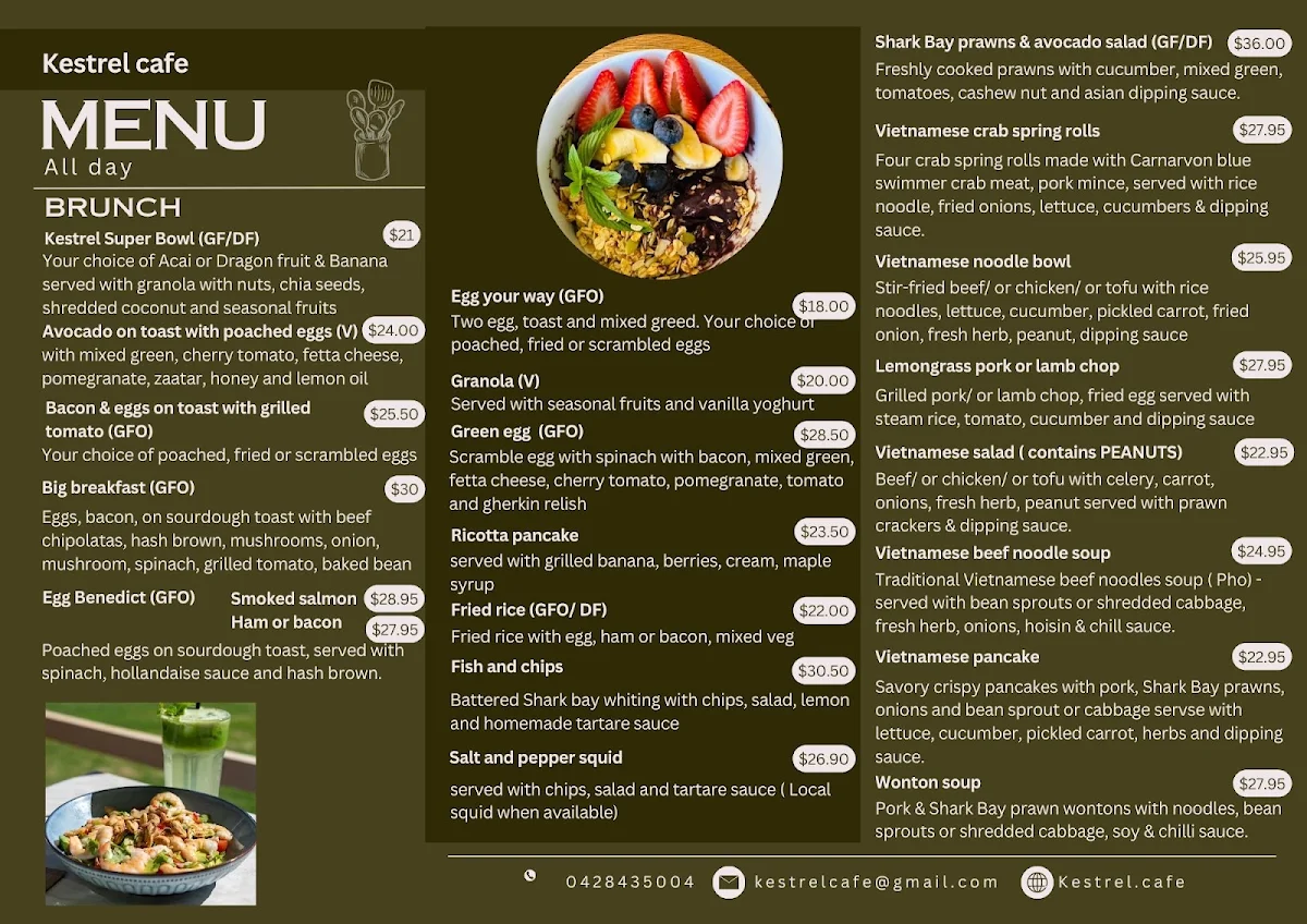 Menu, Kestrel Cafe