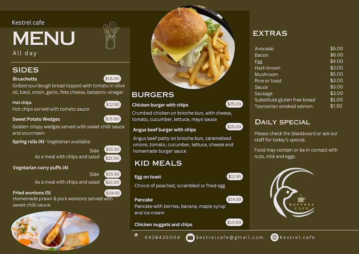 Menu, Kestrel Cafe