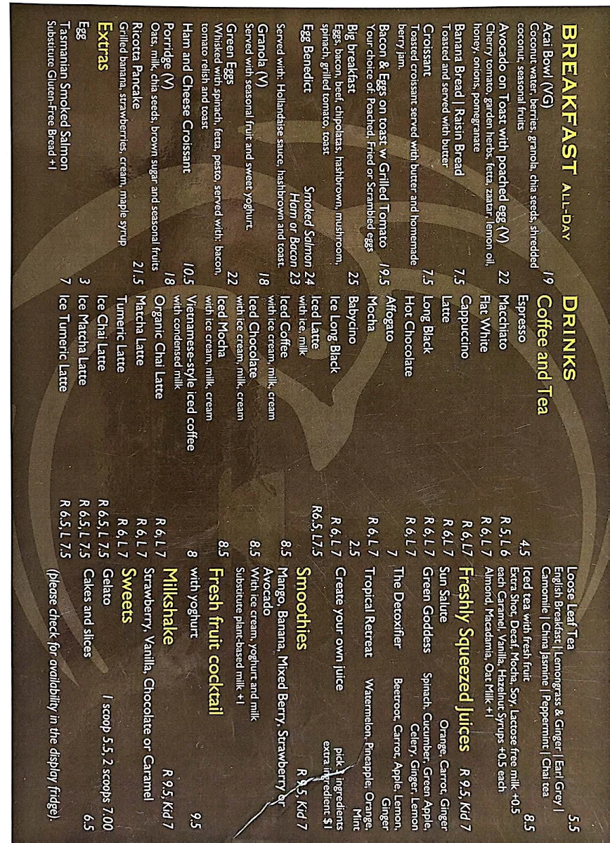Menu, Kestrel Cafe