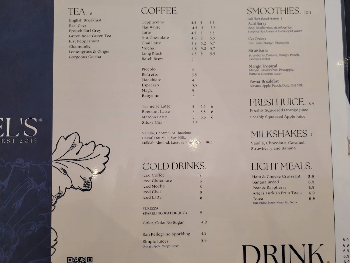 Menu, Ariel’s Balgownie