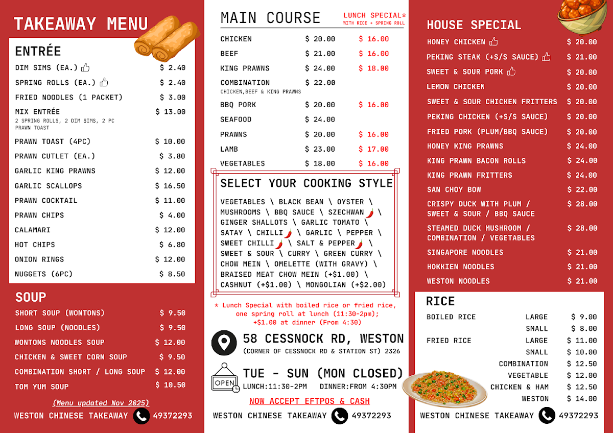 Menu, Weston Chinese Restaurant