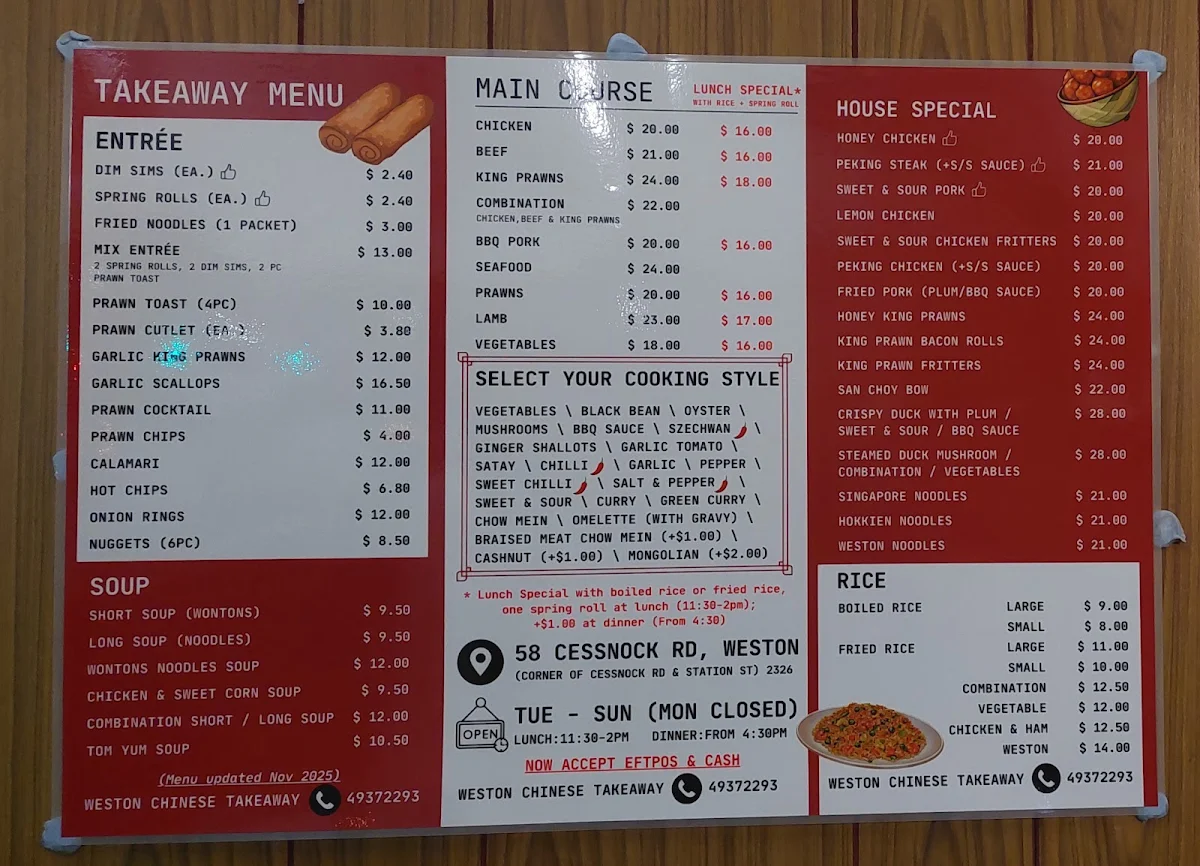 Menu, Weston Chinese Restaurant