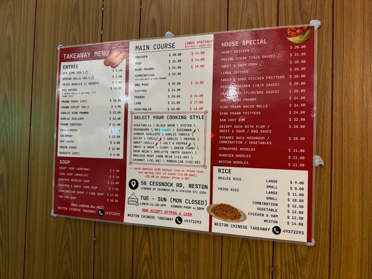 Menu, Weston Chinese Restaurant