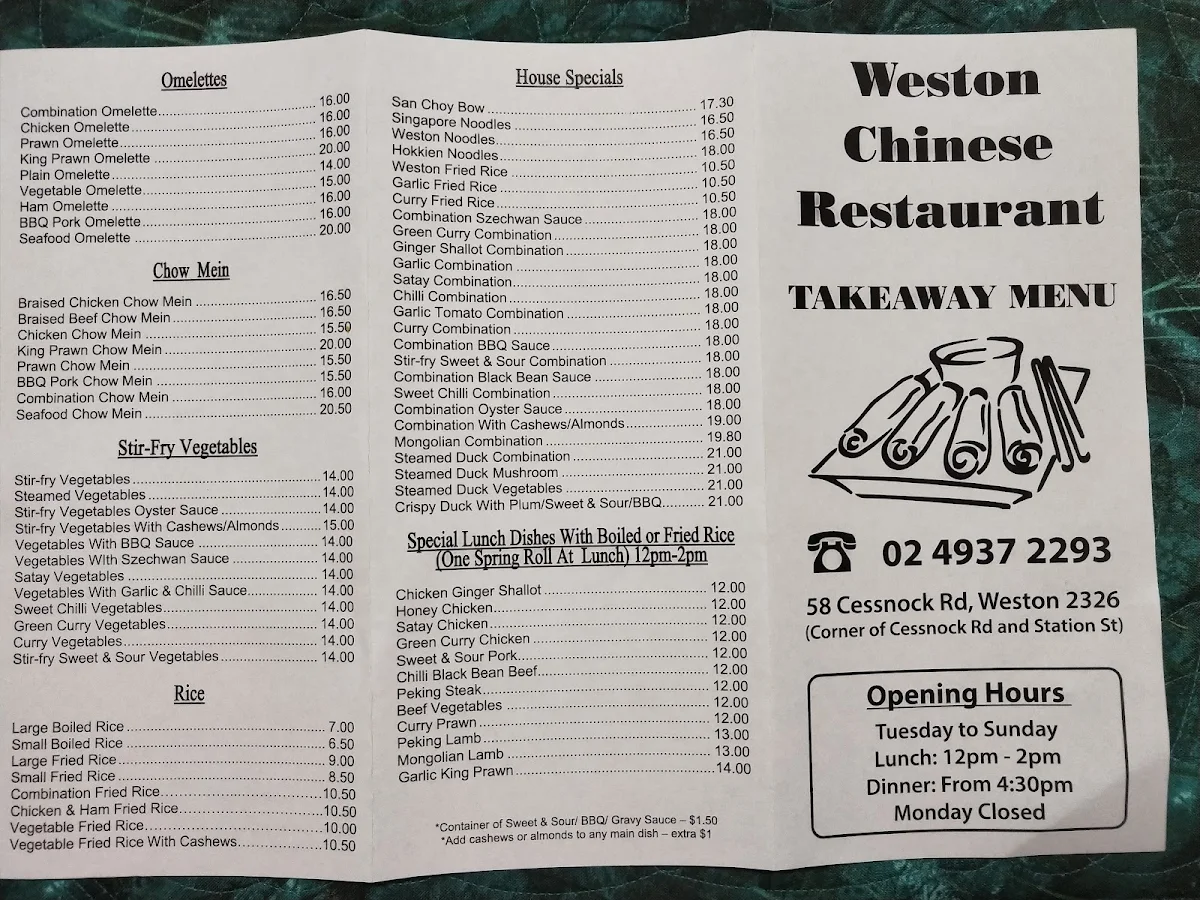 Menu, Weston Chinese Restaurant