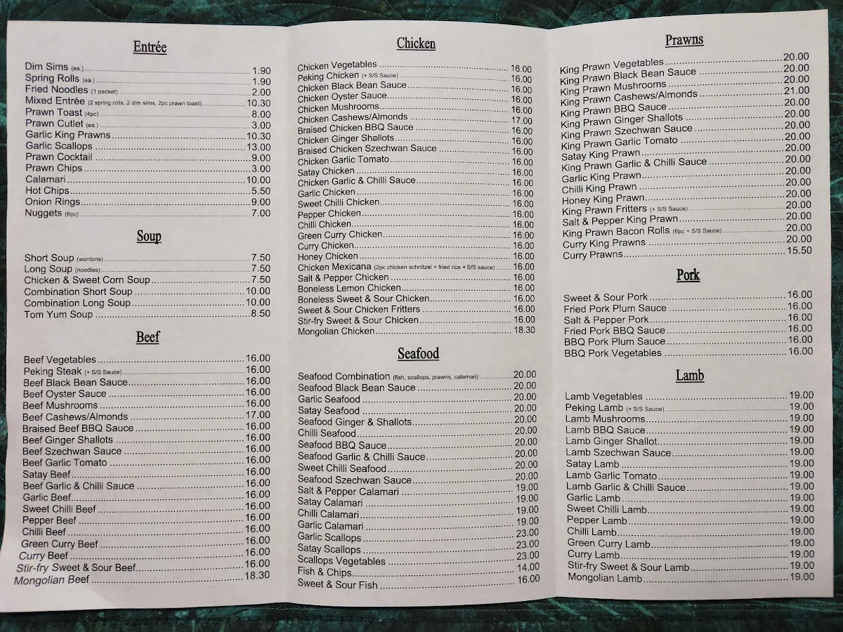 Menu, Weston Chinese Restaurant