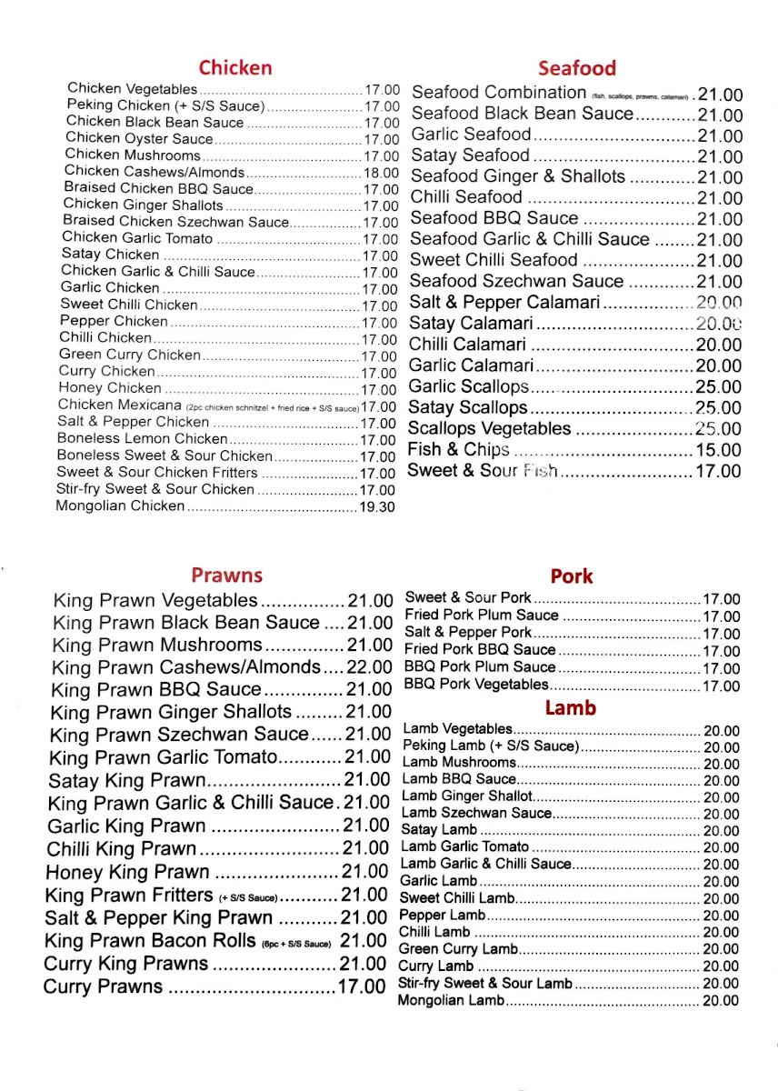 Menu, Weston Chinese Restaurant