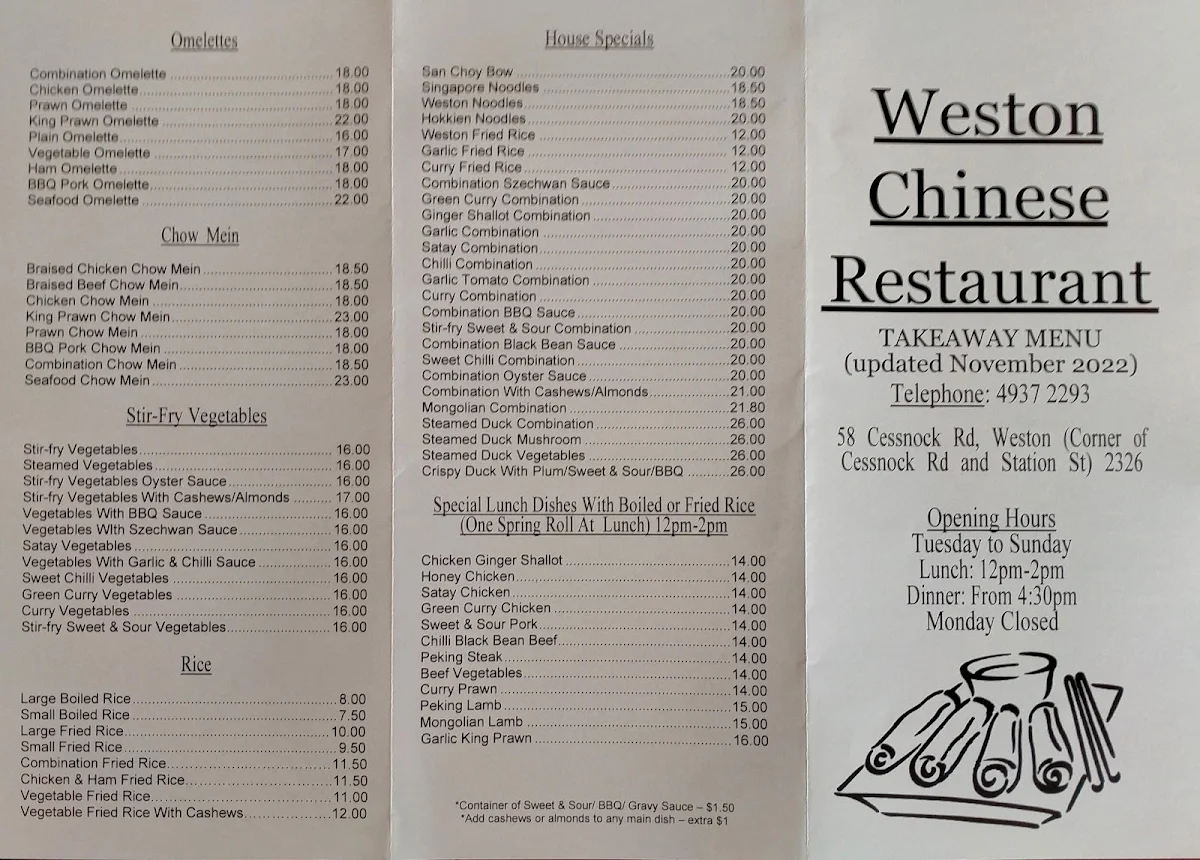Menu, Weston Chinese Restaurant