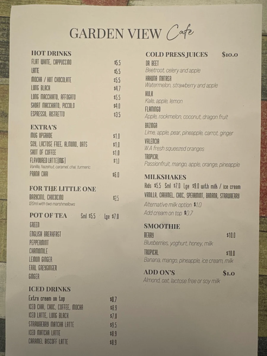 Menu, Garden view cafe