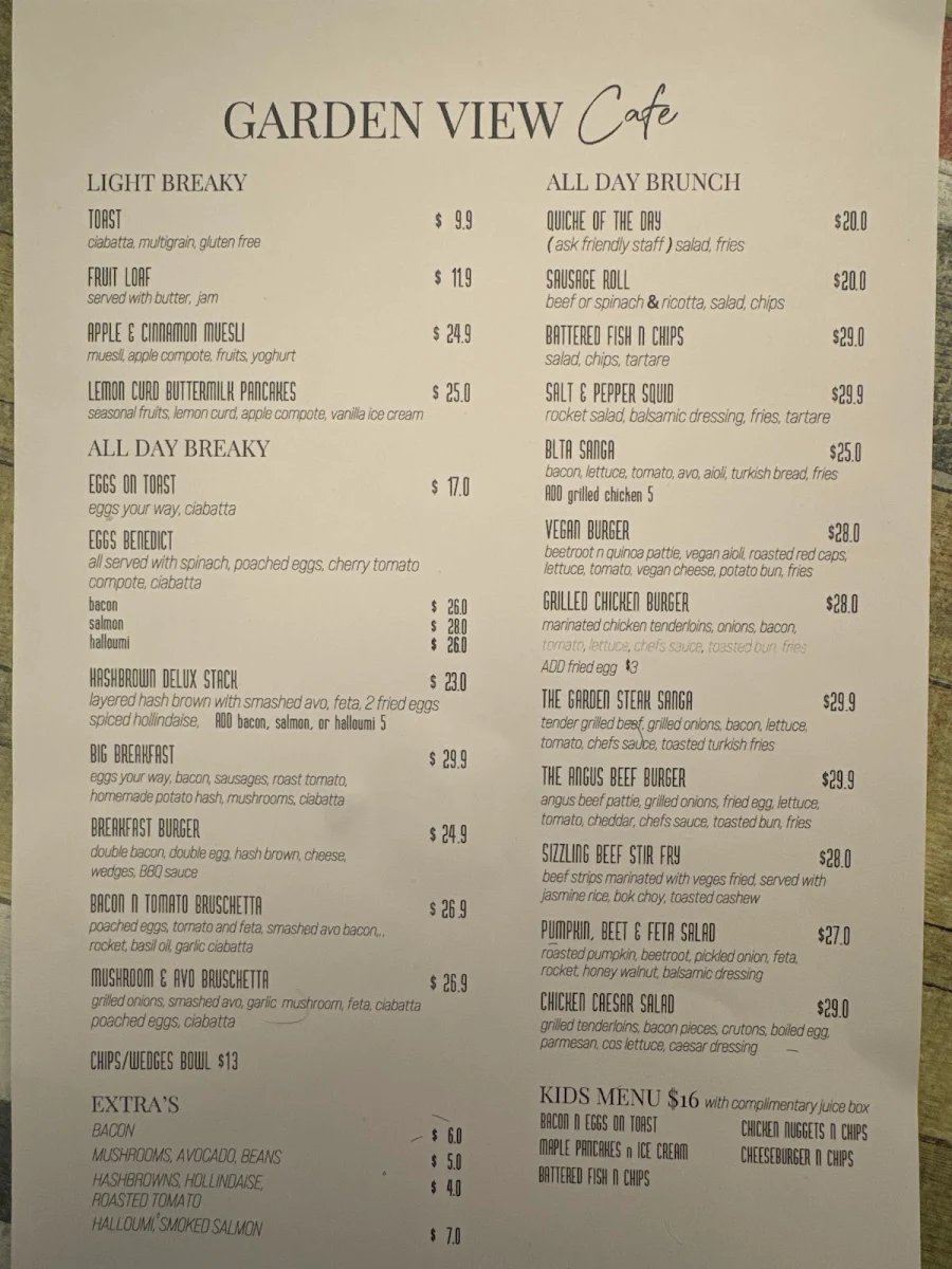 Menu, Garden view cafe