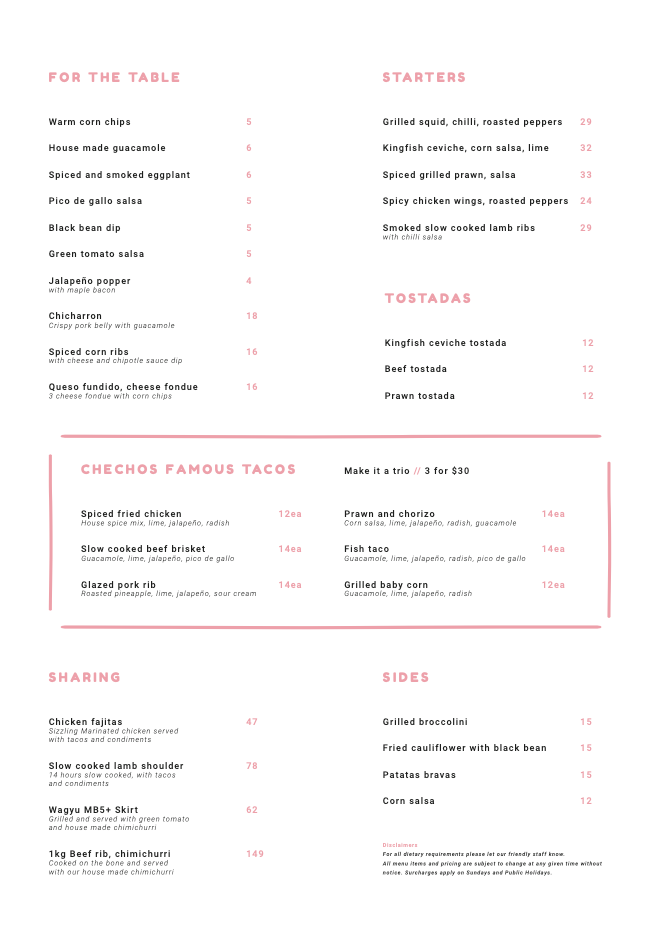 Menu, Checho's Penrith
