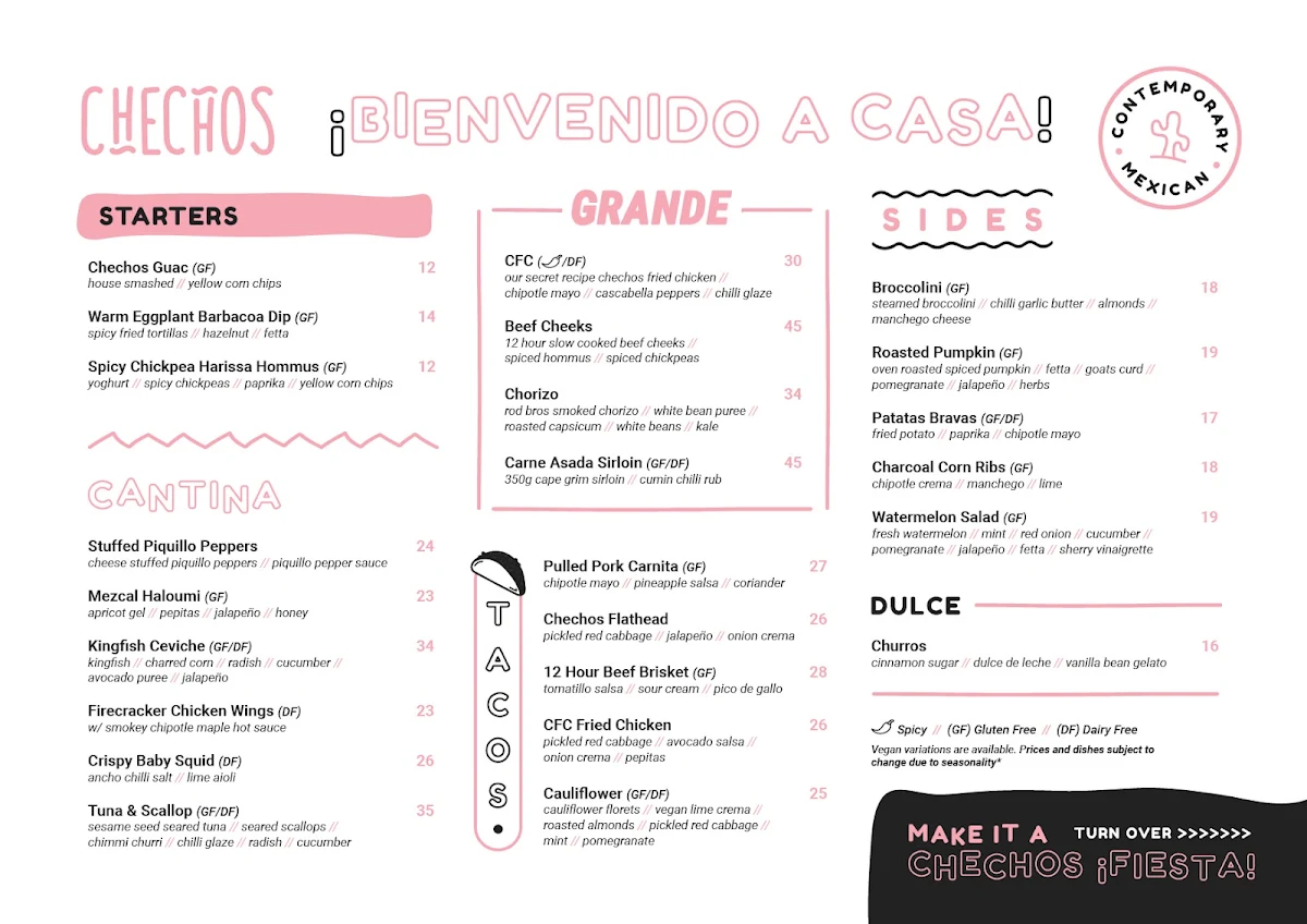 Menu, Checho's Penrith