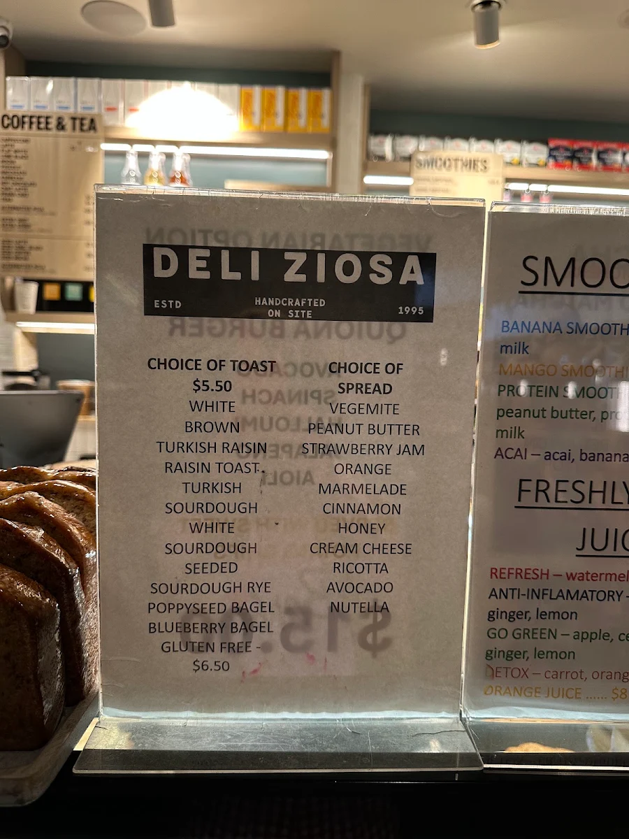 Menu, Deli Ziosa Quay Quarter - Sydney CBD Sandwich Shop & Breakfast