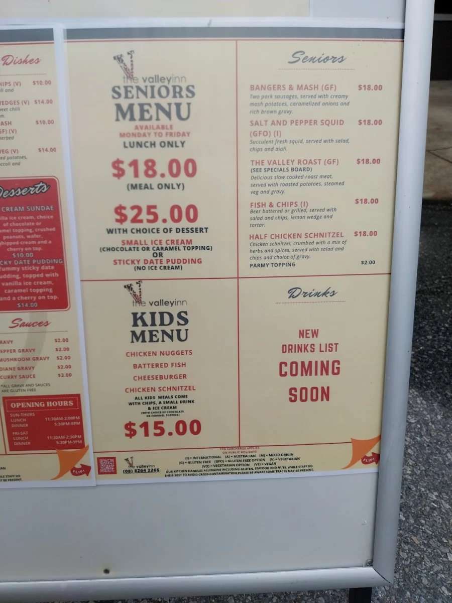 Menu, The Valley Inn