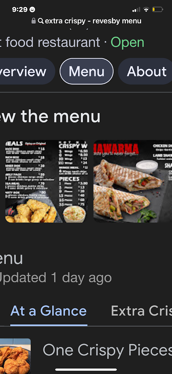 Menu, Extra Crispy - Revesby