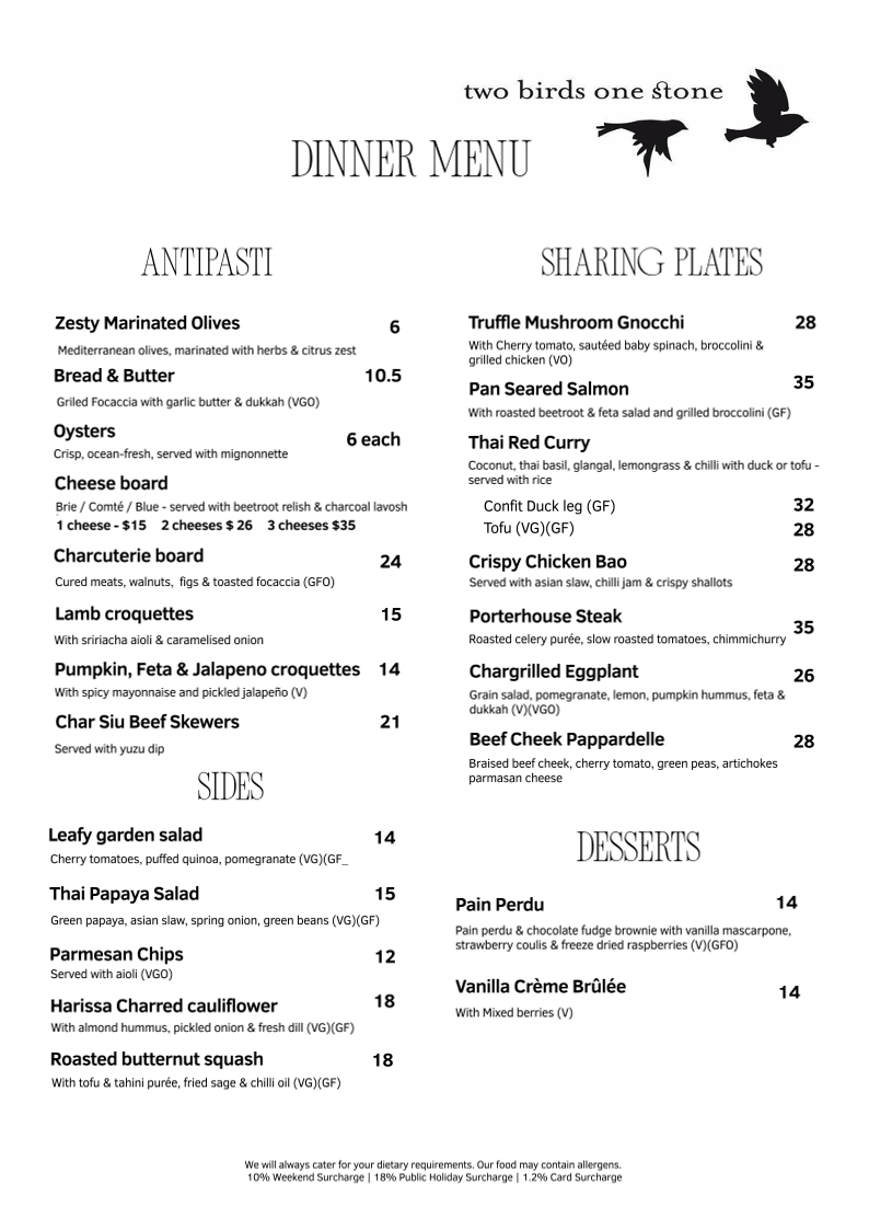 Menu, Two Birds One Stone Cafe South Yarra