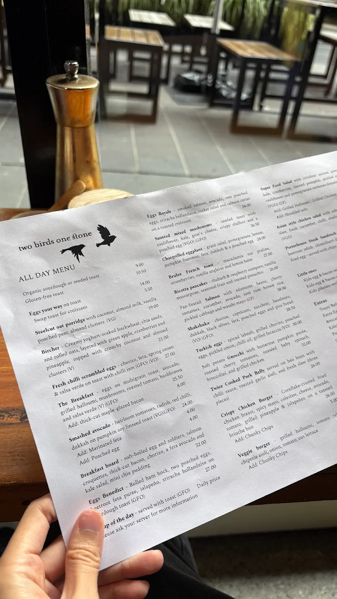 Menu, Two Birds One Stone Cafe South Yarra