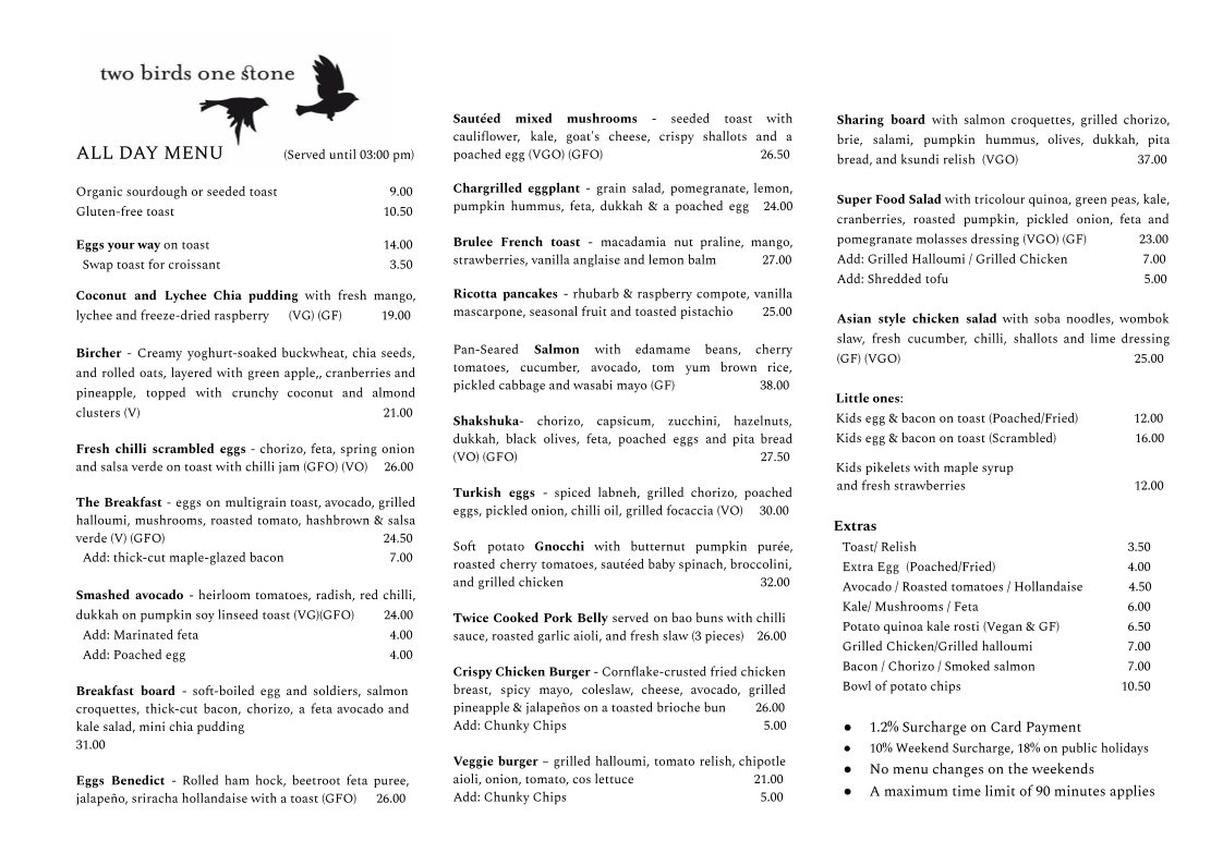 Menu, Two Birds One Stone Cafe South Yarra