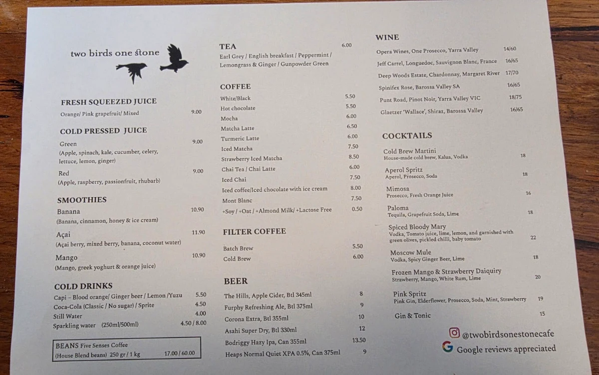 Menu, Two Birds One Stone Cafe South Yarra
