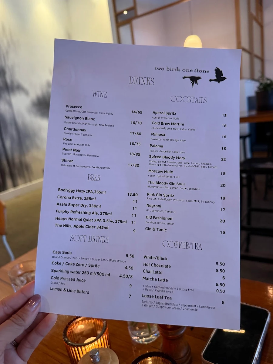 Menu, Two Birds One Stone Cafe South Yarra