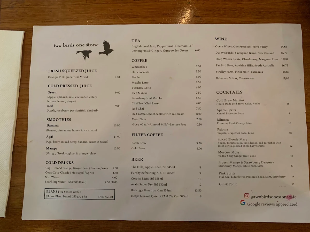 Menu, Two Birds One Stone Cafe South Yarra