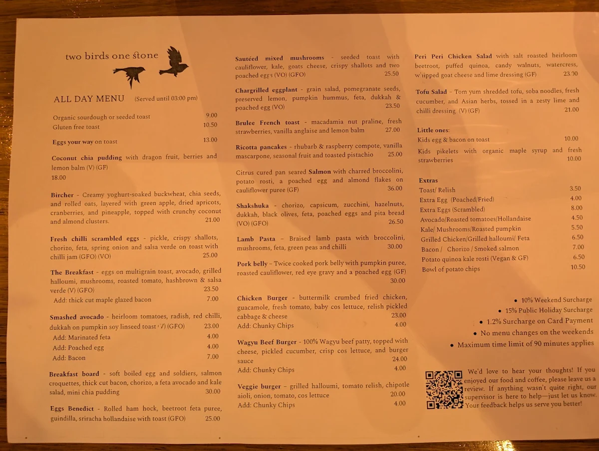 Menu, Two Birds One Stone Cafe South Yarra