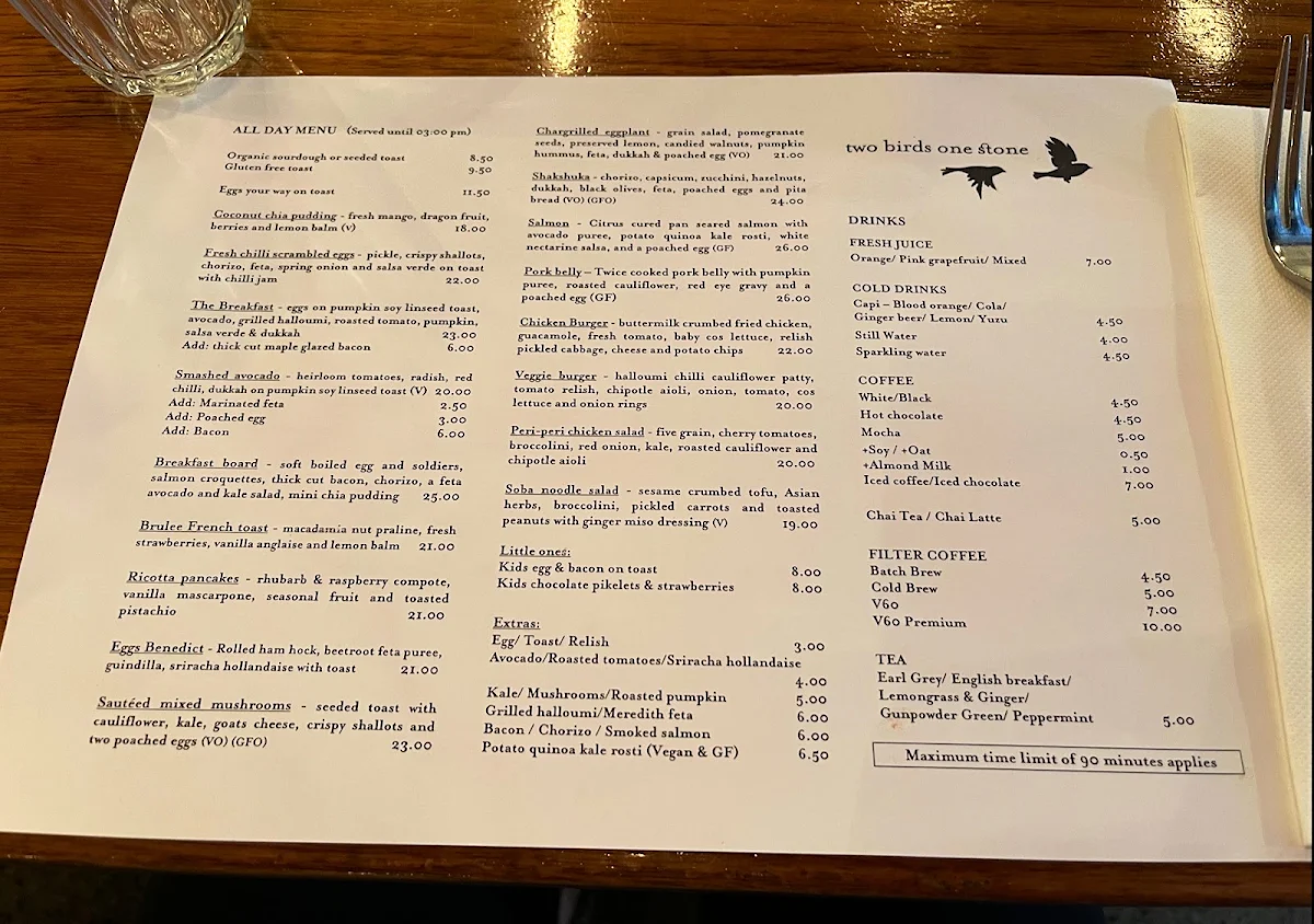 Menu, Two Birds One Stone Cafe South Yarra