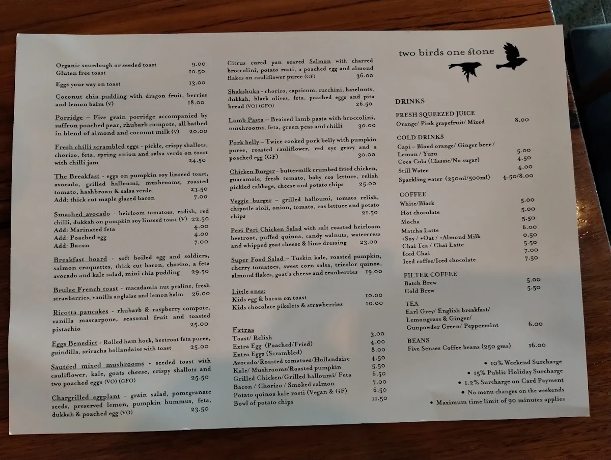 Menu, Two Birds One Stone Cafe South Yarra