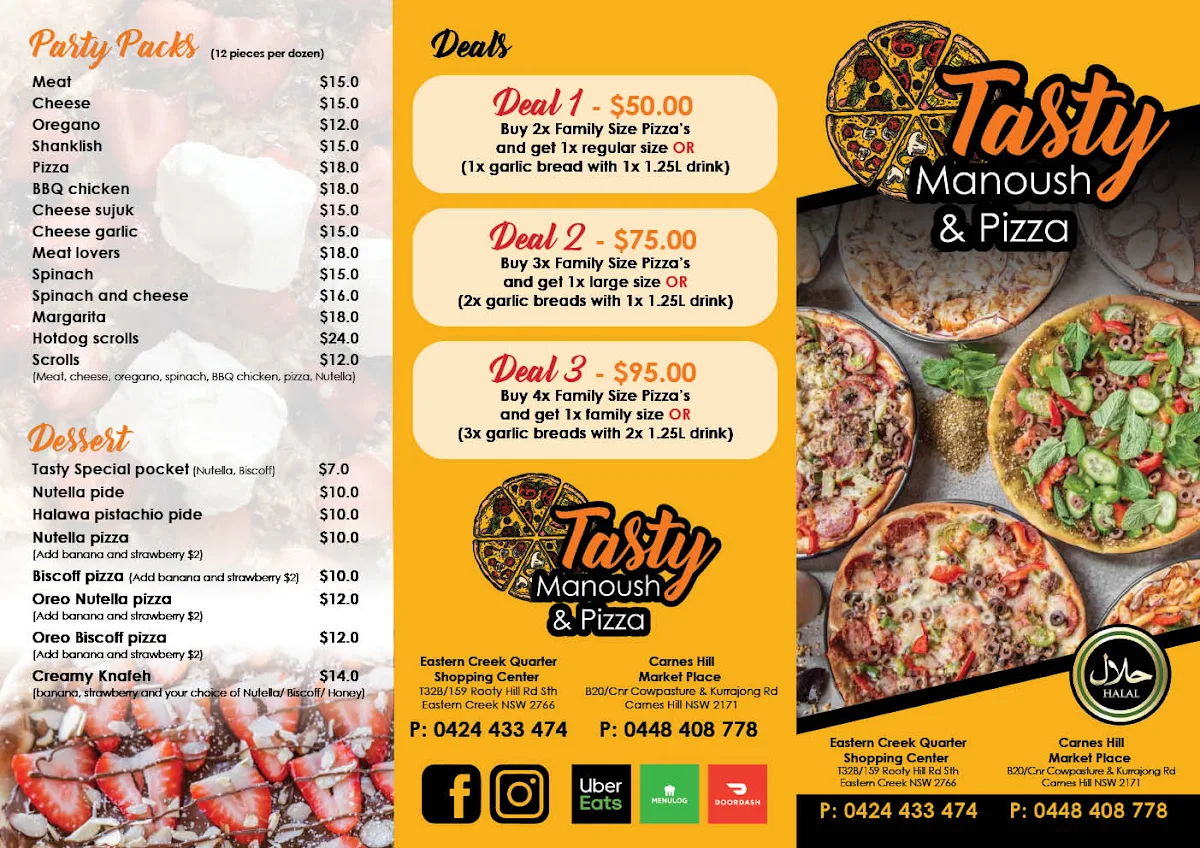 Menu, Tasty Manoush and Pizza (Eastern Creek)