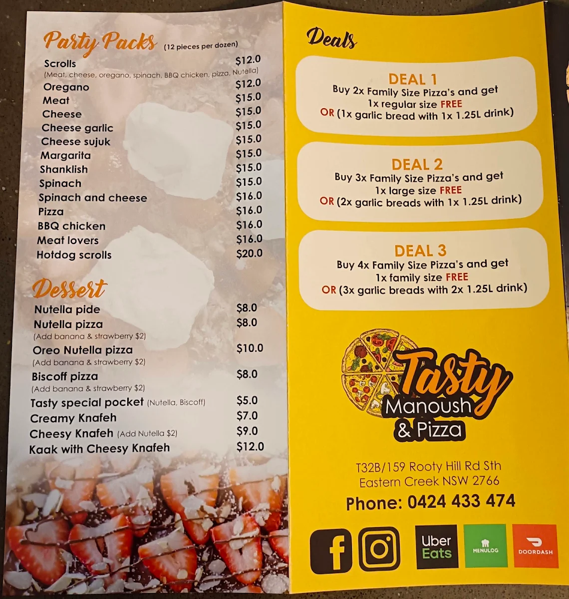 Menu, Tasty Manoush and Pizza (Eastern Creek)