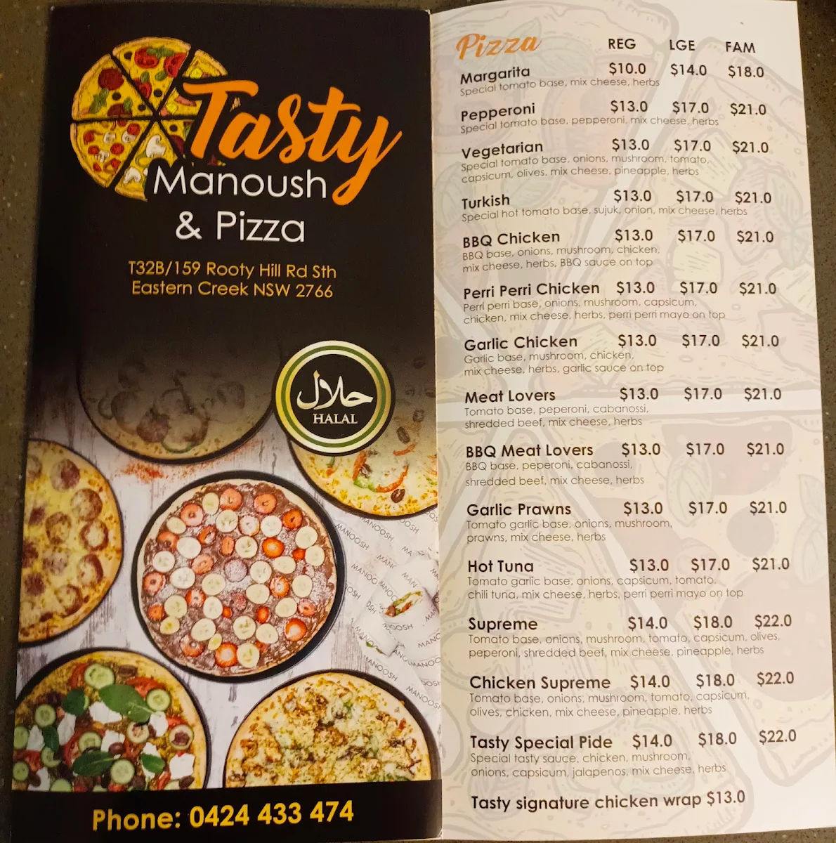 Menu, Tasty Manoush and Pizza (Eastern Creek)
