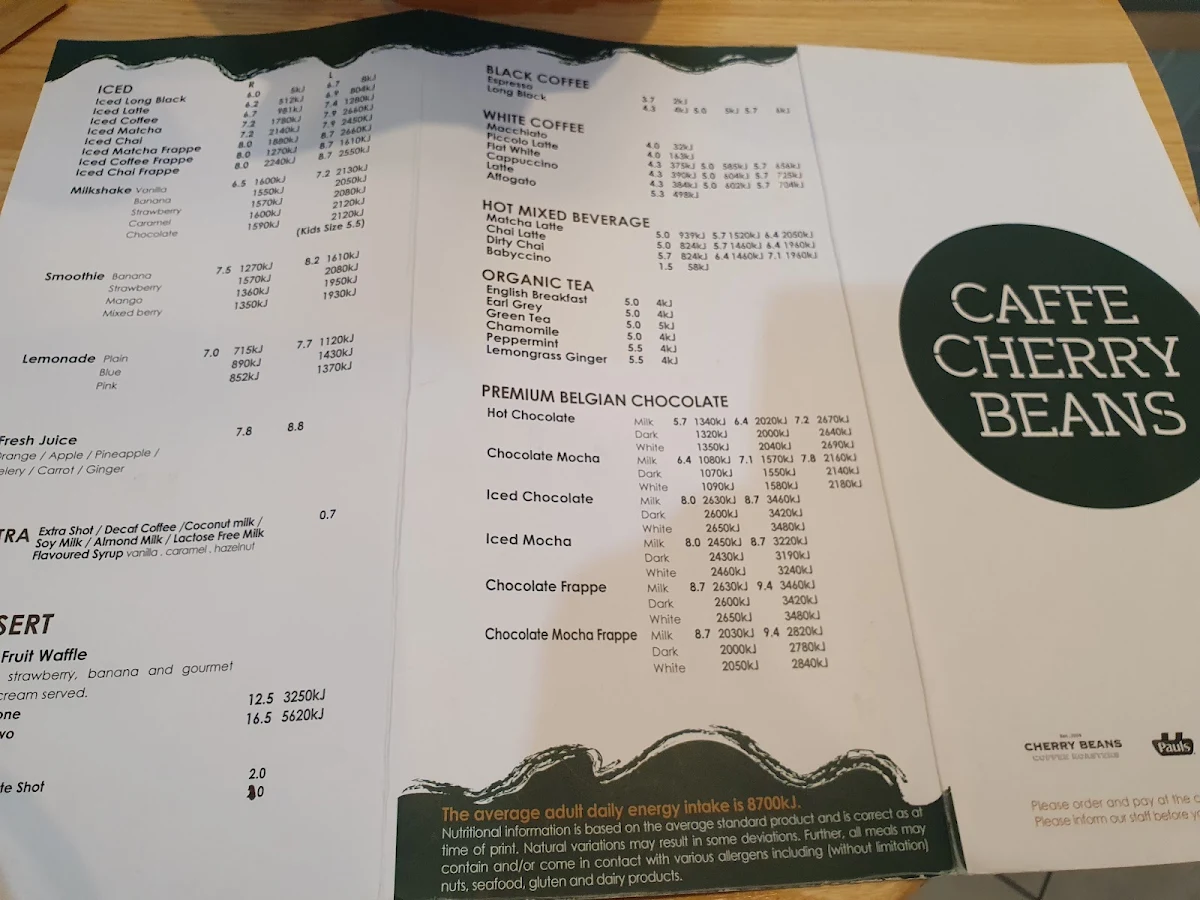 Menu, Caffe Cherry Beans