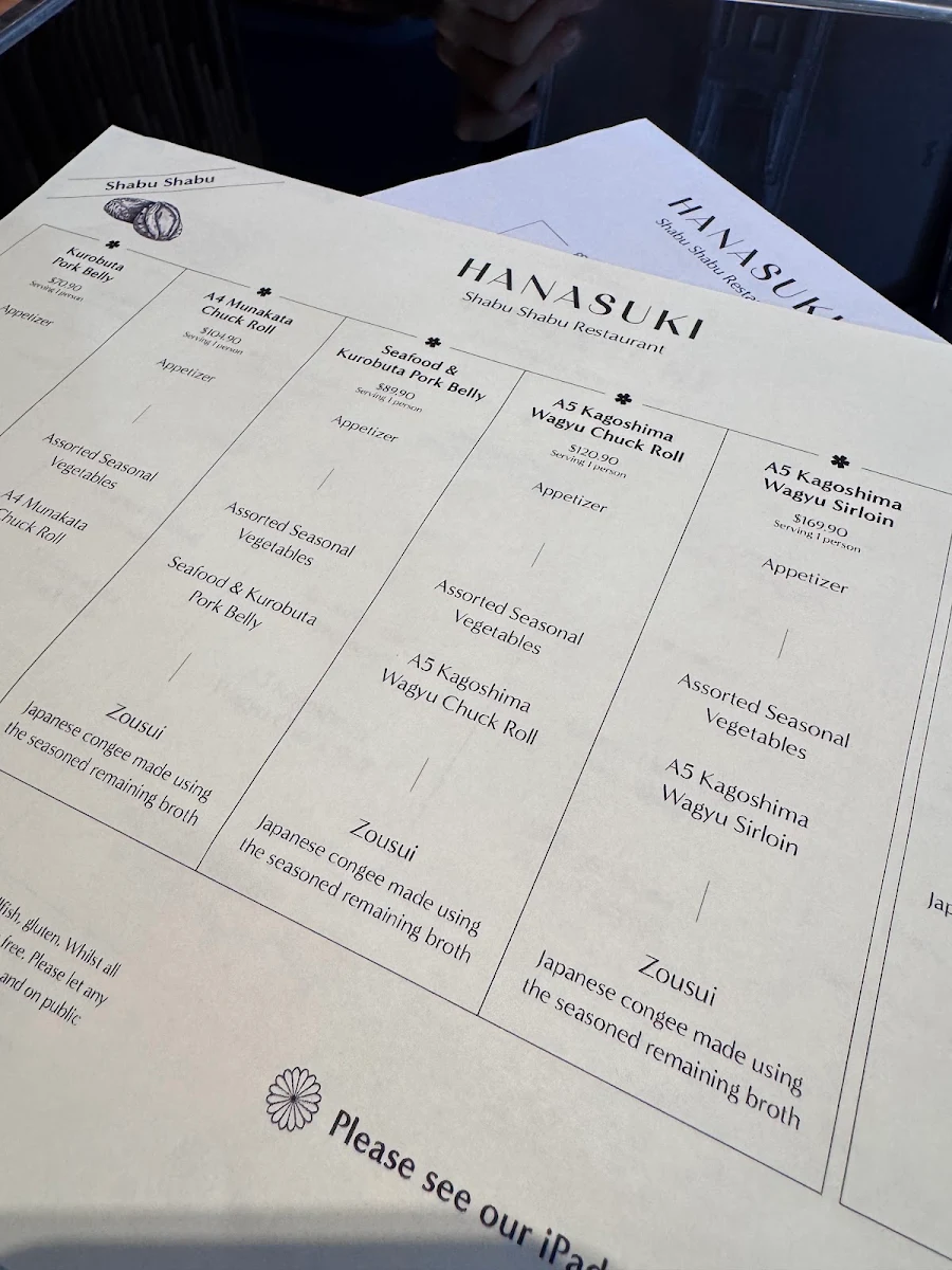 Menu, Hanasuki Chatswood しゃぶしゃぶ