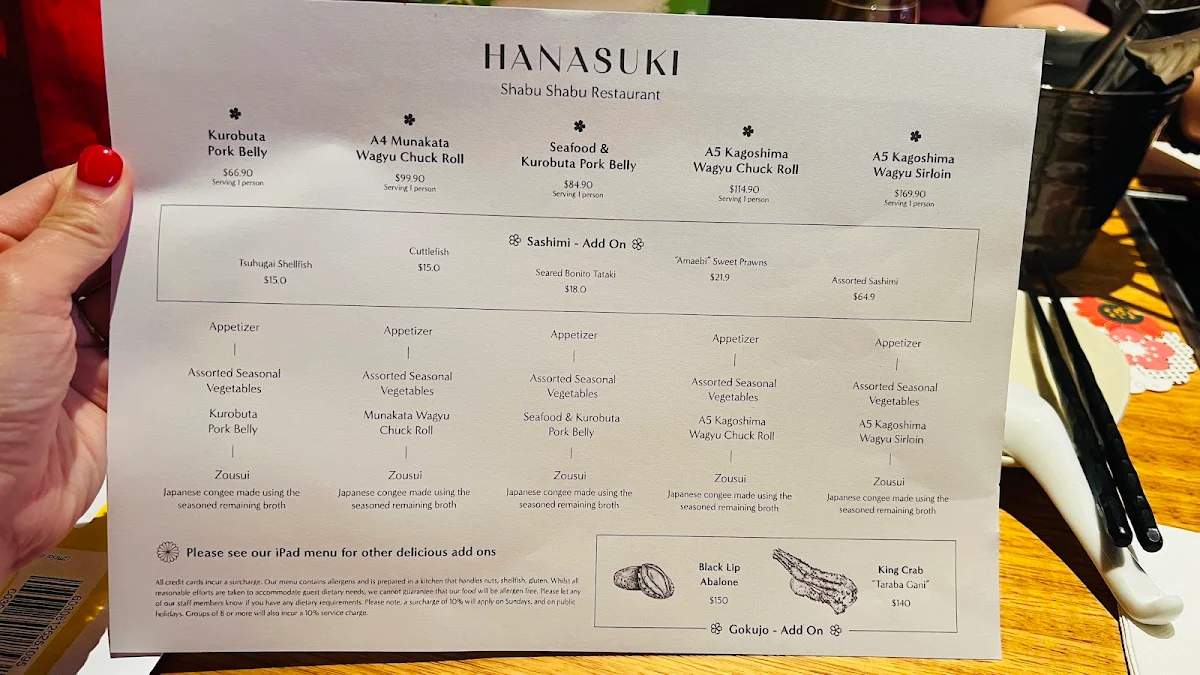 Menu, Hanasuki Chatswood しゃぶしゃぶ