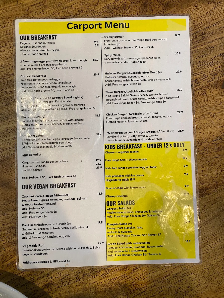 Menu, Carport Cafe